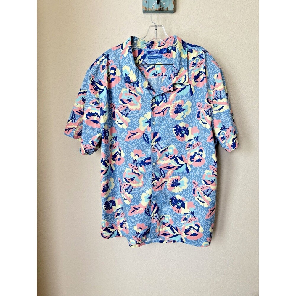Nautica Blue Sail Men's Size 2XL Blue Floral Tropical Print Button-Up Shirt